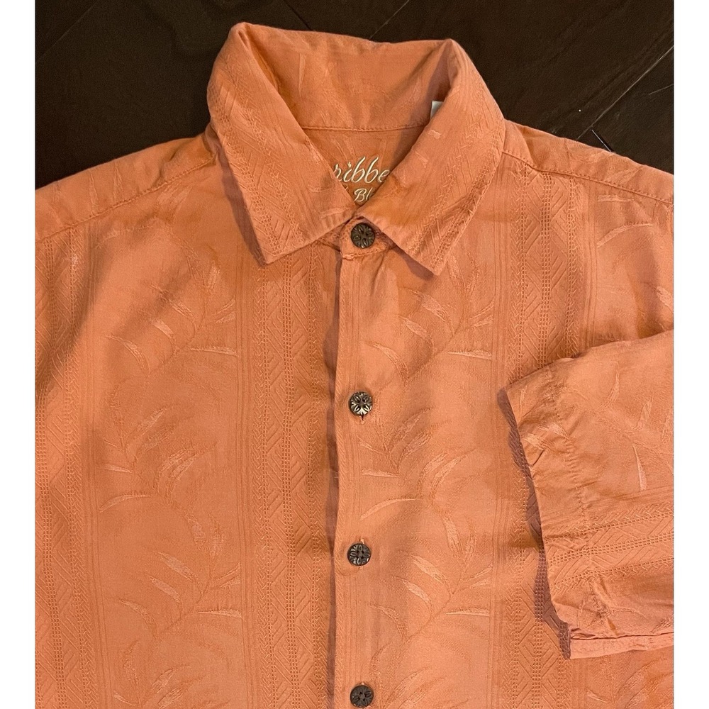 Caribbean Button Down Shirt Mens Med Salmon Silk Blend Jacquard Leaf Tropical